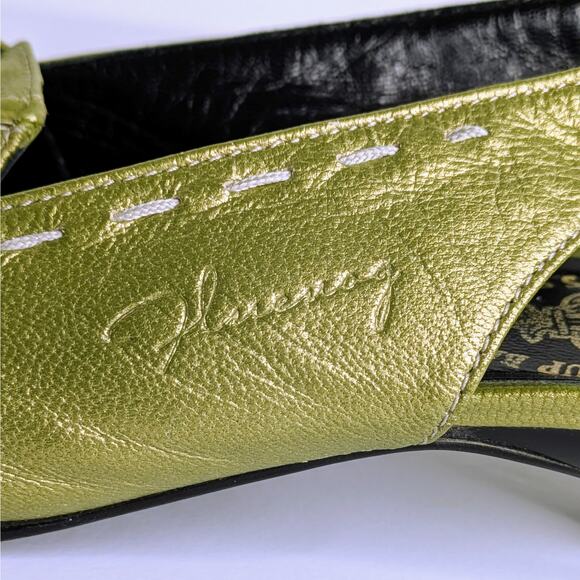 John Fluevog Kitten Heel Slingbacks 10 Green Metallic Leather Statement Shoes - Picture 3 of 16